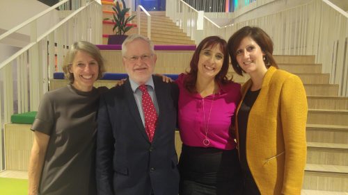 Photo of Corinna Hörst (author), John Harper (publisher), Claudia de Castro Caldeirinha (author) and Simone Meesters (design and production) at the Women Leading the Way in Brussels book launch, 27th September 2017